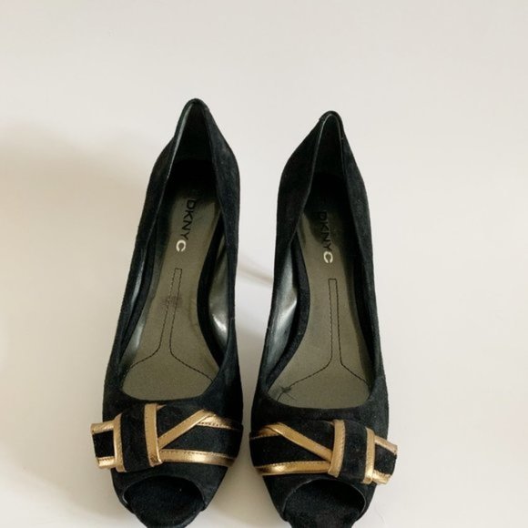 DKNY Open Toe Heels Black & Gold Size 9.5 - Picture 3 of 5